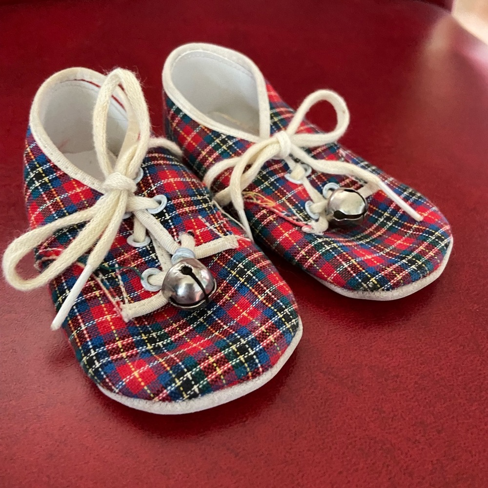 Vintage Canvas Baby Toddler Shoes blue red plaid & Laces Barefoot minimalist